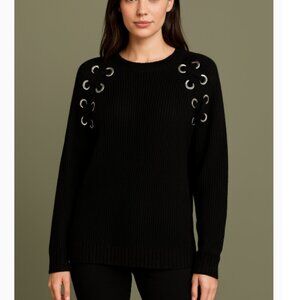 Freshman Black Knit Pullover Sweater with Silver Grommet Lace Up Detail Size M